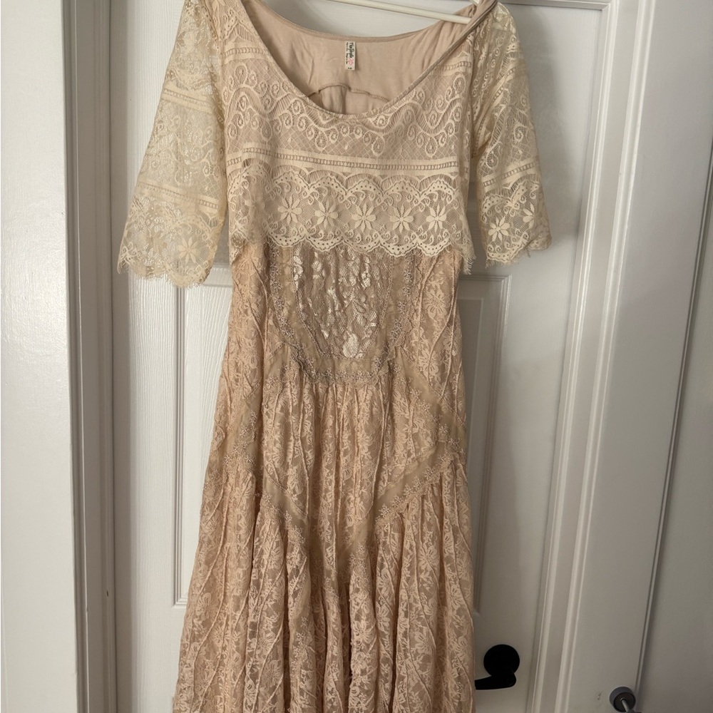 Free People Lace Dress in Cream and Tan